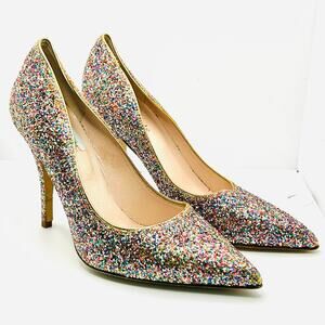 Kate Spade Pink Multicolor Rainbow Glitter Gold Trim Pointed Toe Stiletto Heels
